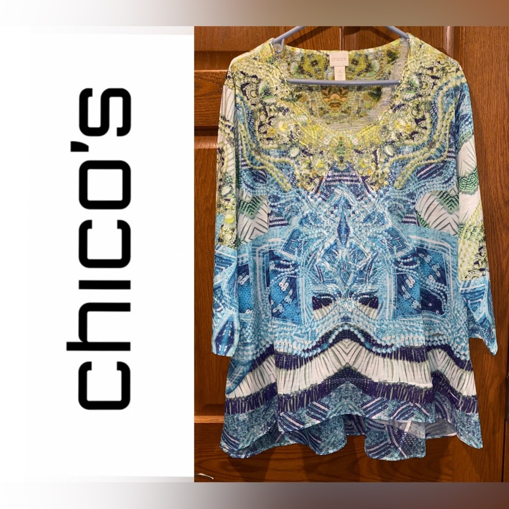 Chico's Size 4 Lace Sequin & Pearl Print Lace Top